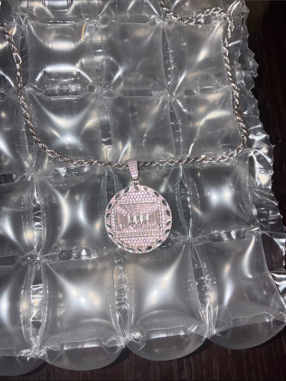 Sterling Silver Round Pavé last supper pendant with chain
